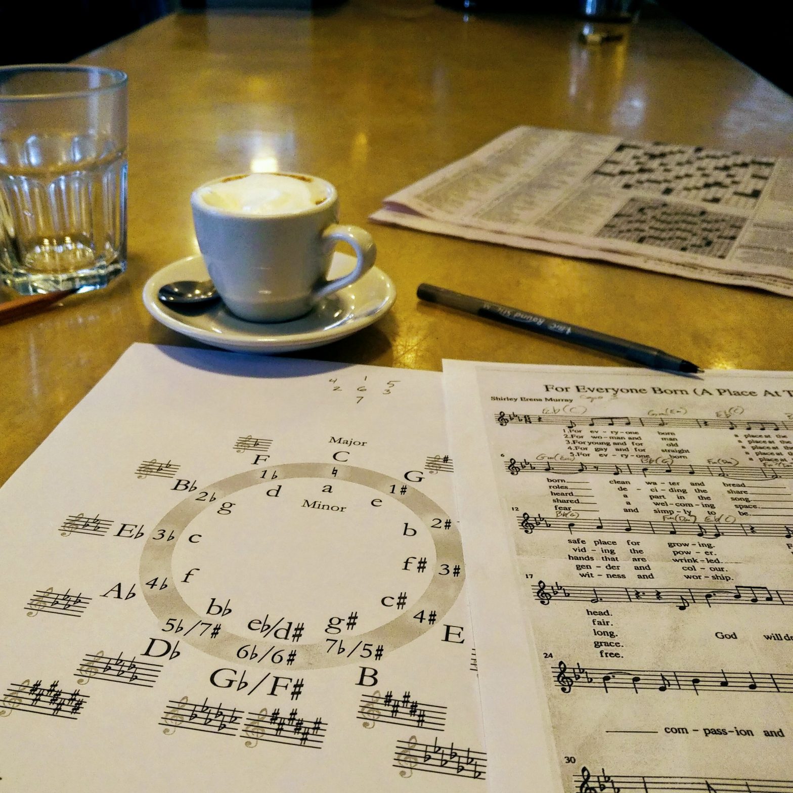 sheet music, circle of fifths, and coffee