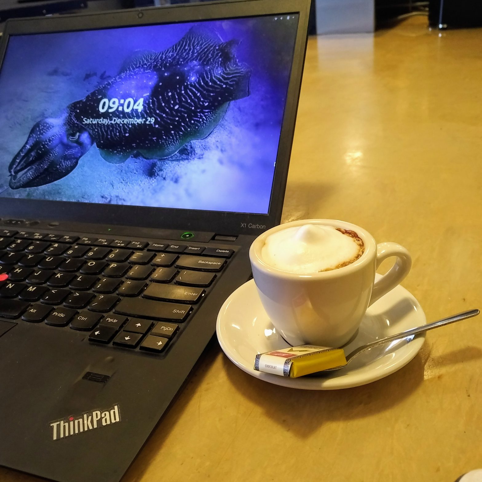 ThinkPad laptop with an image of a cuttlefish on screen, and a coffee adjacent