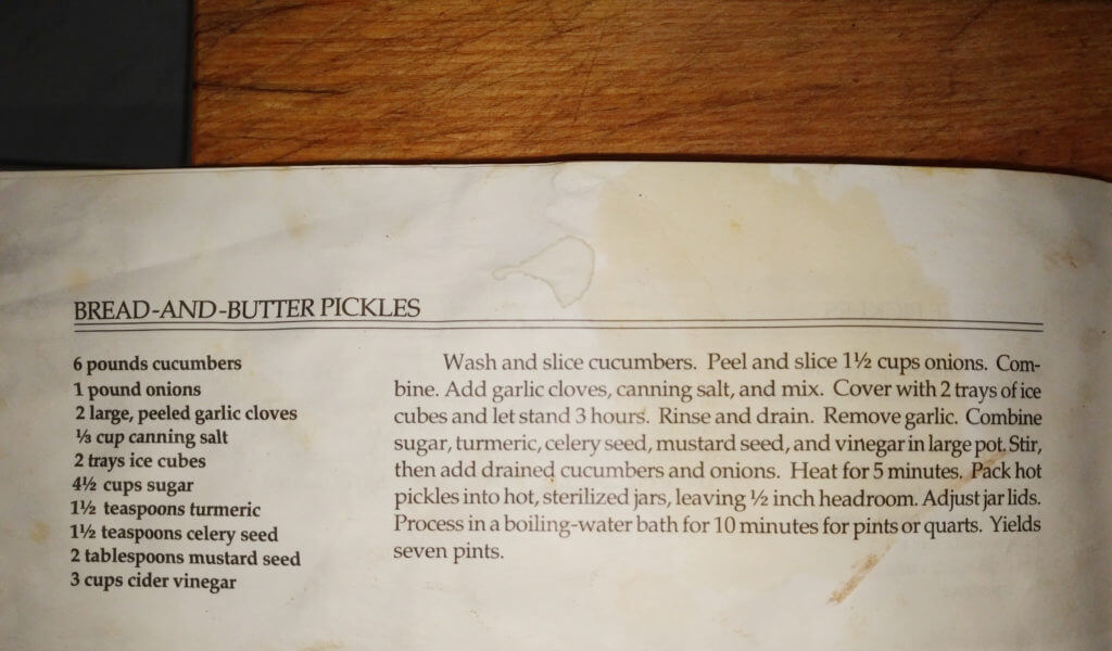 recipe for bread and butter pickles (Keeping the Harvest, 1991)