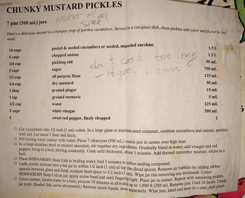 recipe for mustard pickles (source unknown)